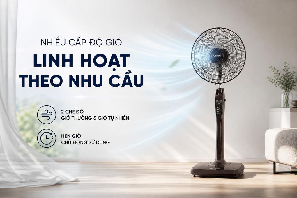 Quạt cây Mitsubishi 3 cánh LV16-RB CY-BW 47W - Điều chỉnh linh hoạt với nhiều cấp độ gió và chế độ gió tự nhiên