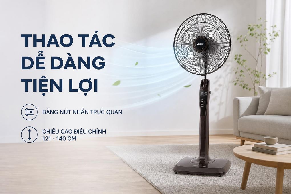 Quạt cây Mitsubishi 3 cánh LV16-RB CY-BW 47W - Thao tác dễ dàng, tiện lợi với bảng nút nhấn và chiều cao điều chỉnh