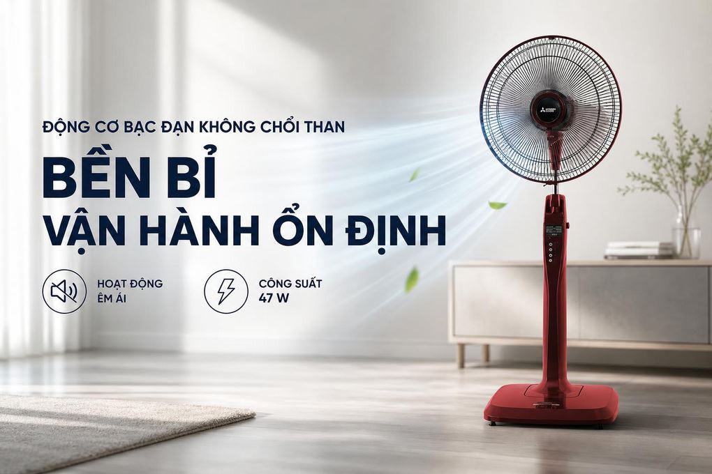 Quạt cây Mitsubishi 3 cánh LV16-RB CY-RD 47W - Động cơ bạc đạn không chổi than bền bỉ, vận hành ổn định