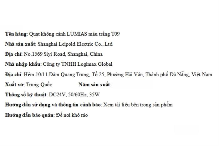 Quạt không cánh LUMIAS T09 35W Màu Trắng