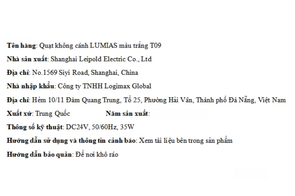 Quạt không cánh LUMIAS T09 35W Màu Trắng