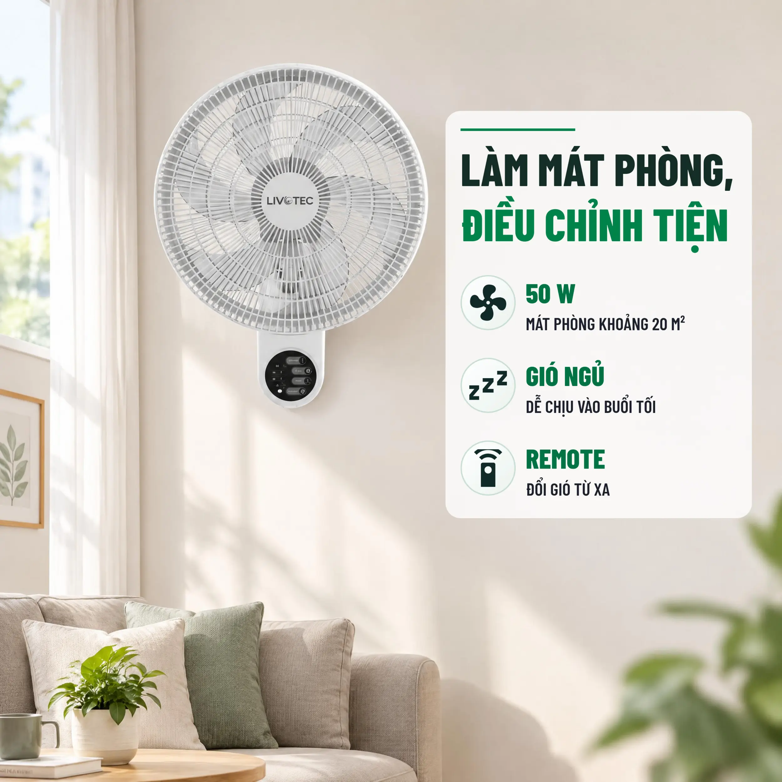 Quạt treo tường Livotec 6 cánh W-450 50W Màu Trắng