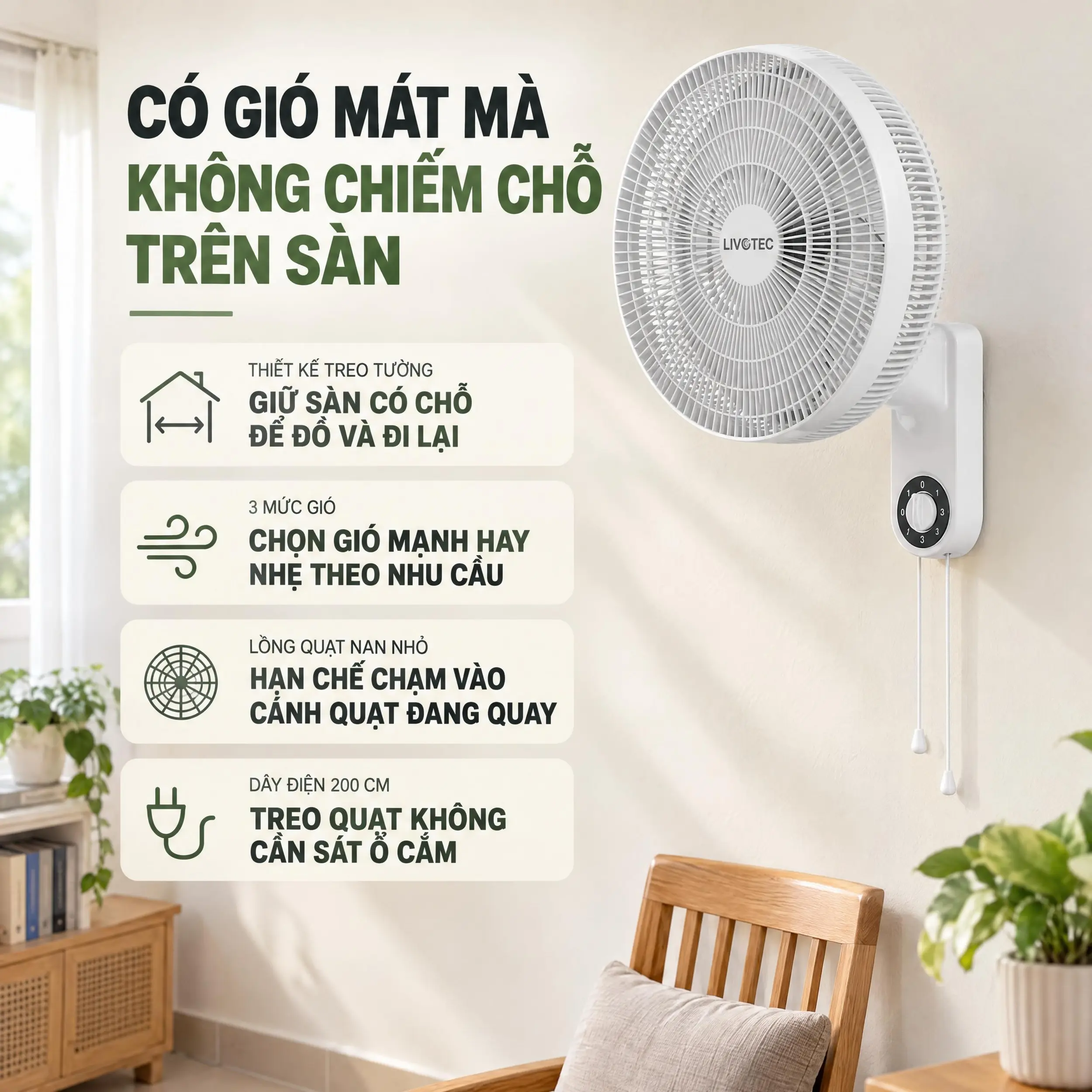 Quạt treo tường Livotec 6 cánh W-150 50W Màu Trắng