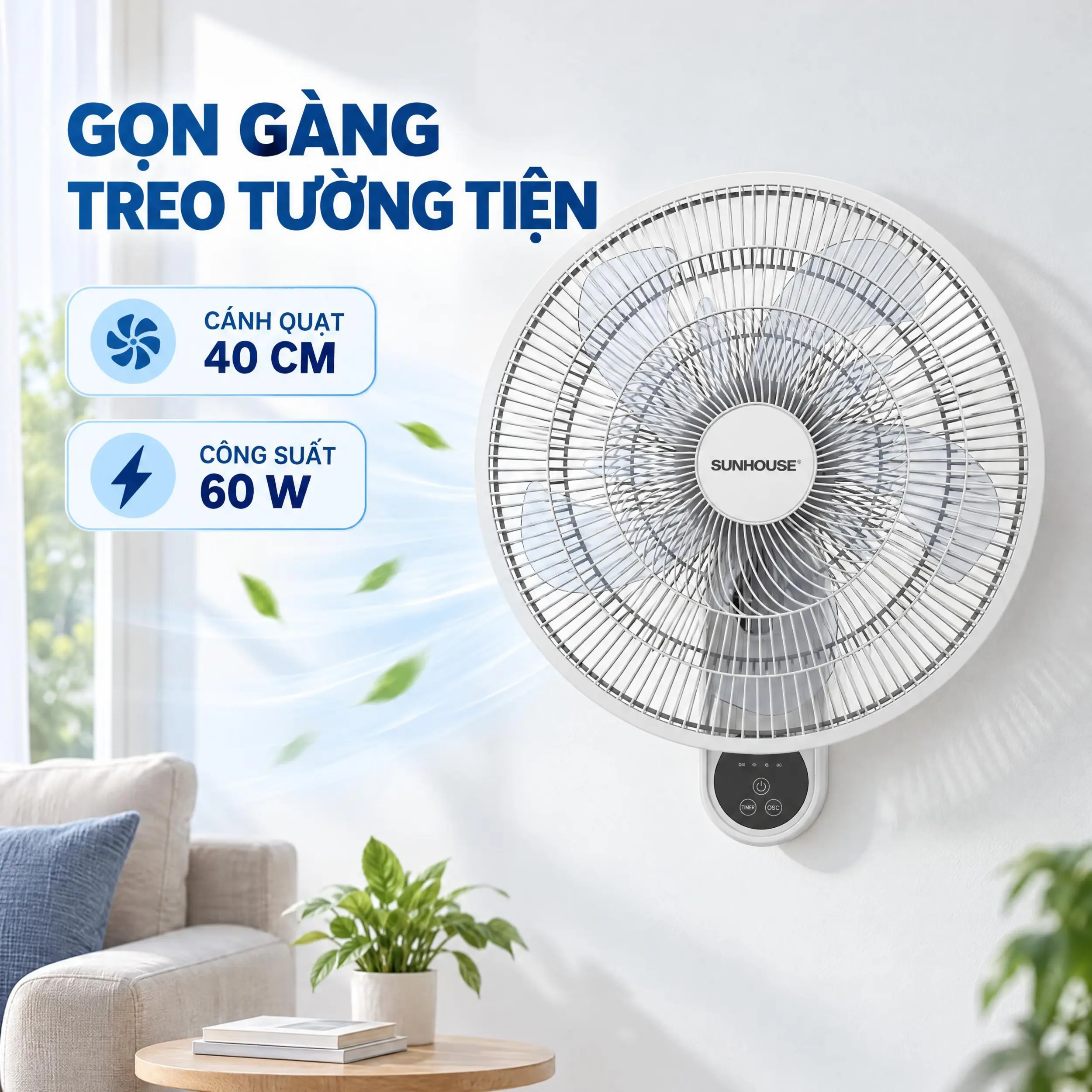 Quạt treo tường Sunhouse 10 cánh SHD7333W 60W Màu Trắng