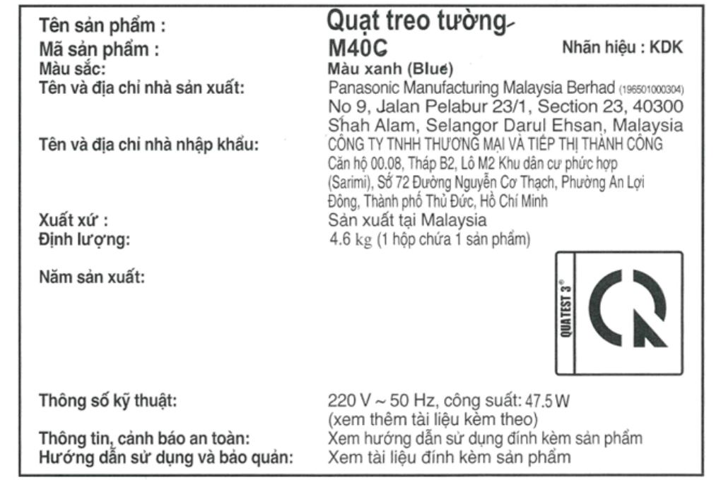 Quạt treo KDK M40C Xanh 47.5W Màu Xanh