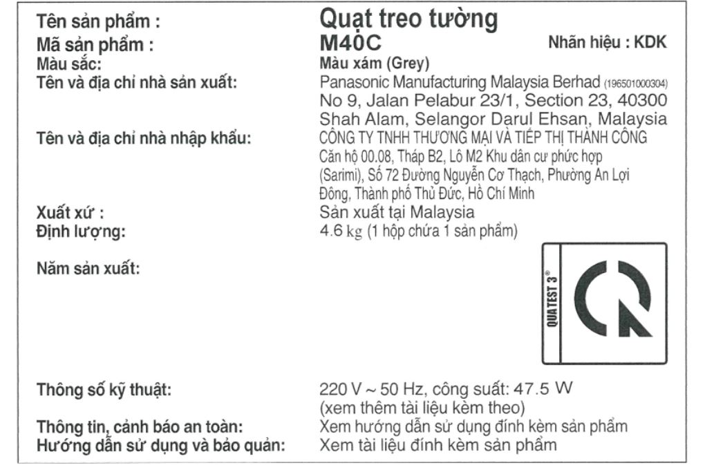 Quạt treo KDK M40C Xám 47.5W Màu Xám