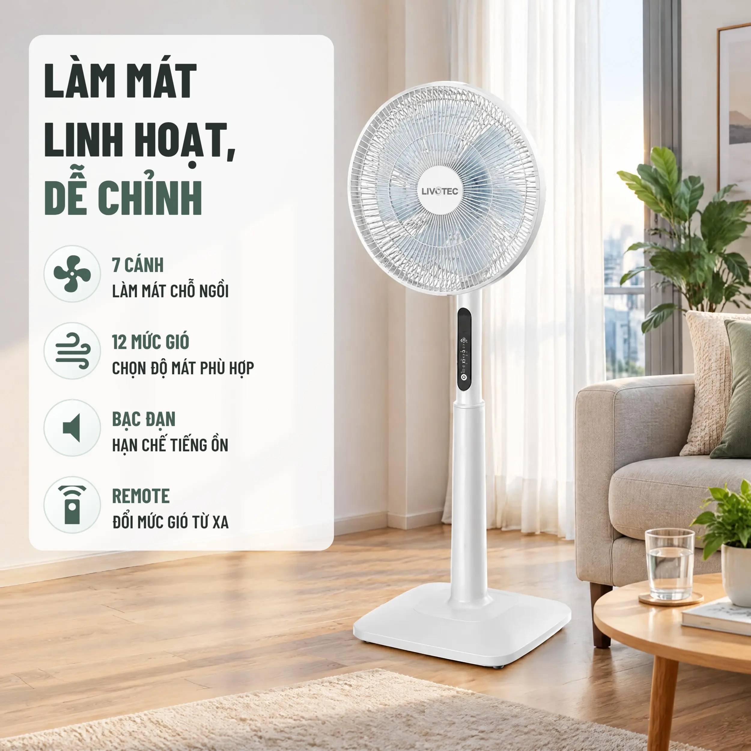 Quạt đứng Livotec 7 cánh BLDC SB-614 34W Màu Trắng