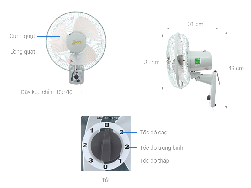 Quạt treo tường Lifan 3 cánh T-212 35W