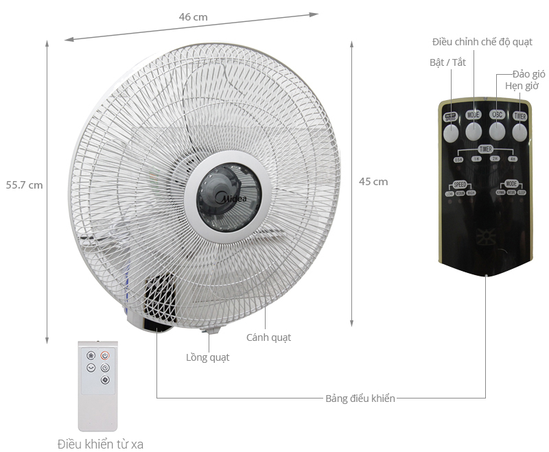 Quạt treo tường Midea 3 cánh FW40 7JR 55W