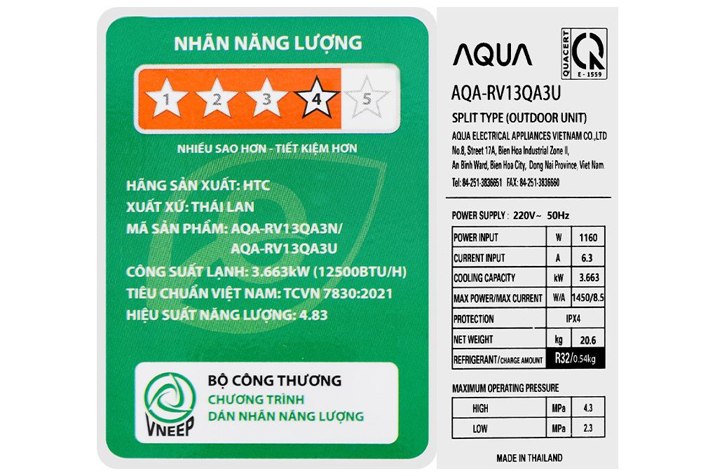 Máy lạnh Aqua Inverter 1.5 HP AQA-RV13QA3 Màu Trắng