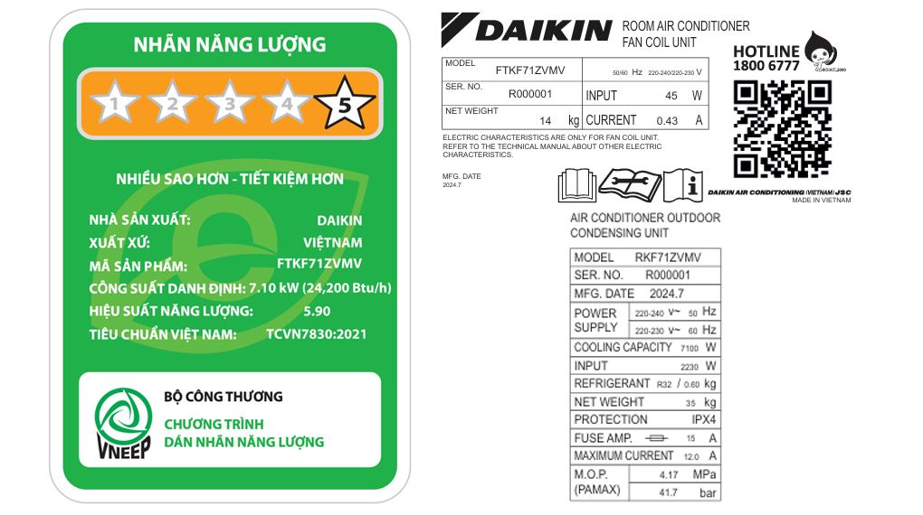 Máy lạnh Daikin Inverter 3 HP FTKF71ZVMV Màu Trắng