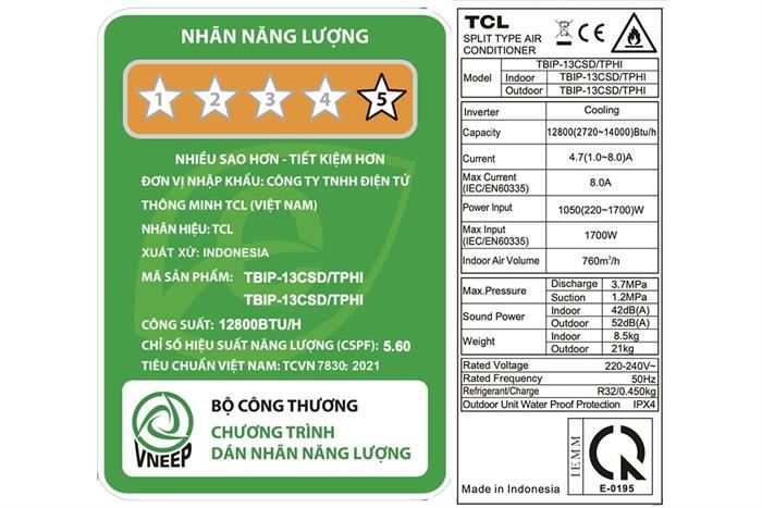Máy lạnh TCL Inverter 1.5 HP TBIP-13CSD/TPHI Màu Trắng