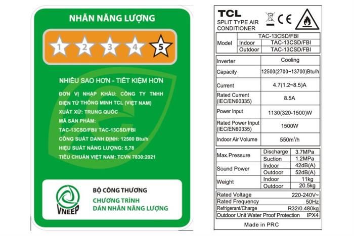 Máy lạnh TCL Inverter 1.5 HP TAC-13CSD/FBI Màu Trắng