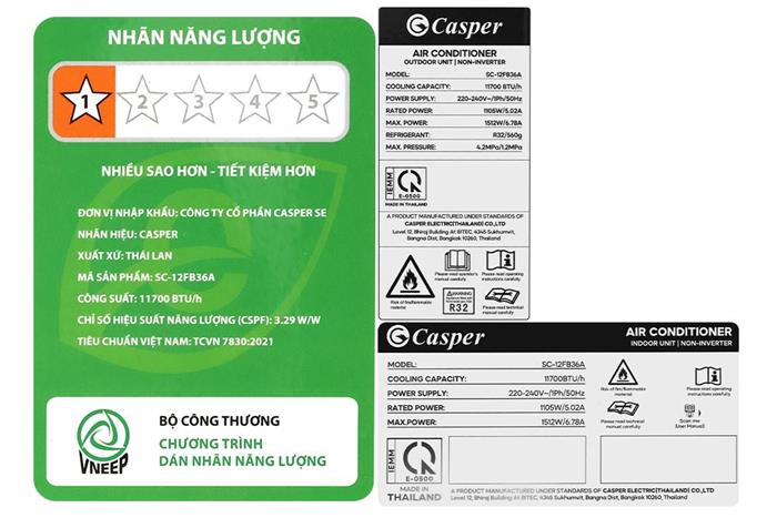 Máy lạnh Casper 1.5 HP SC-12FB36A Màu Trắng