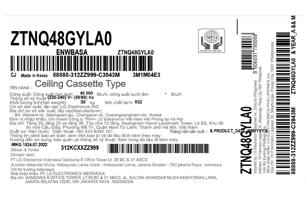 Máy lạnh âm trần LG Inverter 5 HP ZTNQ48GYLA0 Màu Trắng