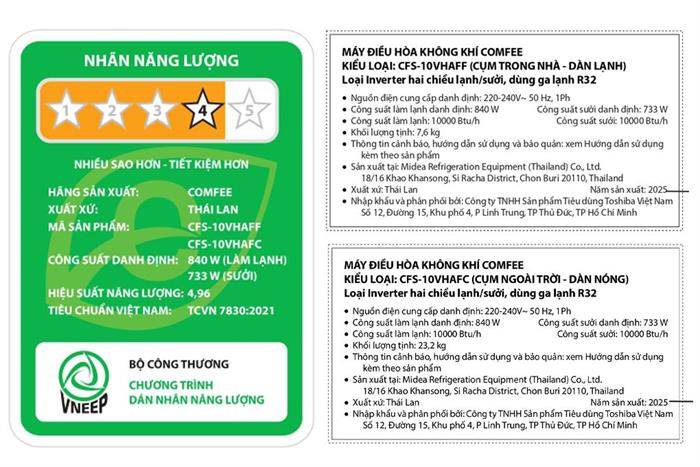 Máy lạnh 2 chiều Comfee Inverter 1 HP CFS-10VHAFF Màu Trắng