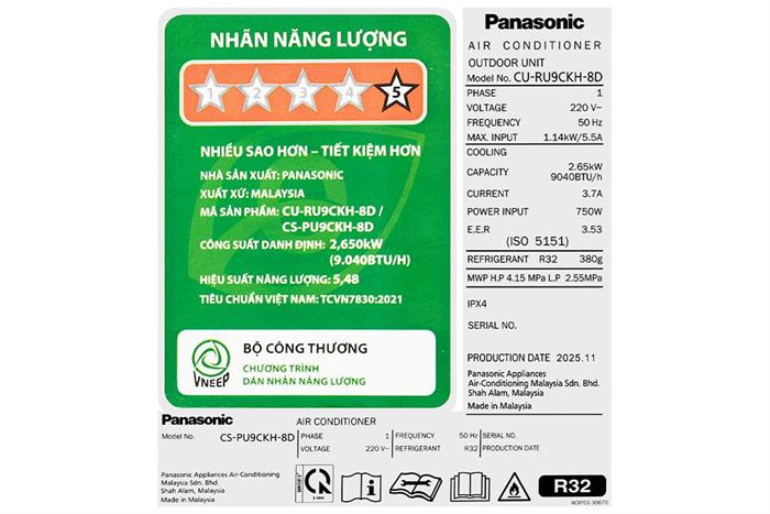 Máy lạnh Panasonic Inverter 1 HP CU/CS-PU9CKH-8D Màu Trắng