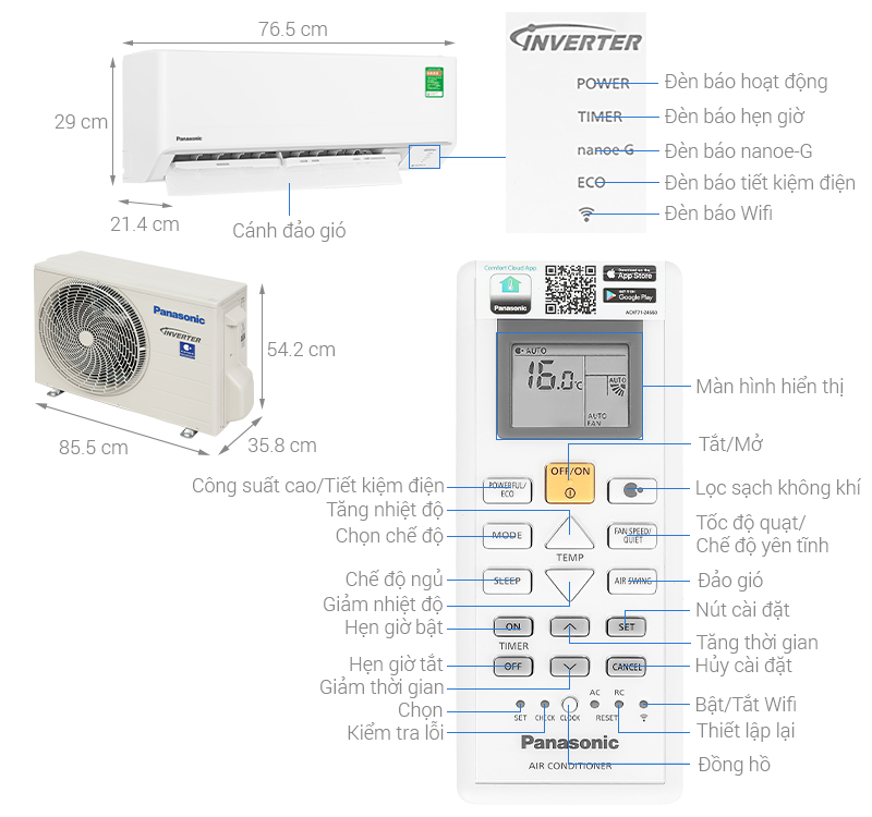 Máy lạnh Panasonic Inverter 1.5 HP CU/CS-PU12CKH-8D