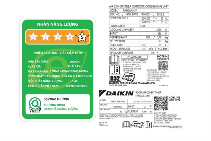 Máy lạnh Daikin Inverter 1.5 HP FTKM35AVMV Màu Trắng