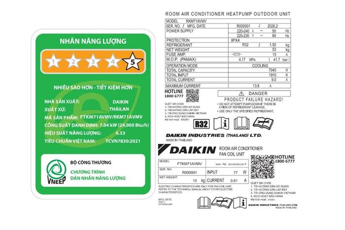 Máy lạnh Daikin Inverter 3 HP FTKM71AVMV Màu Trắng