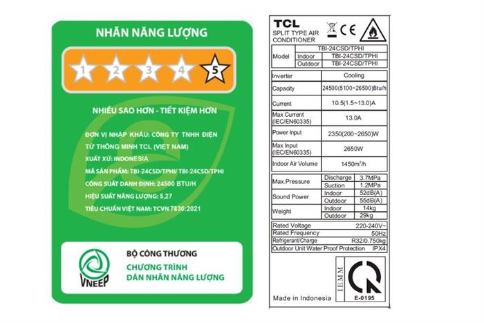Máy lạnh TCL Inverter 2.5 HP TBI-24CSD/TPHI Màu Trắng
