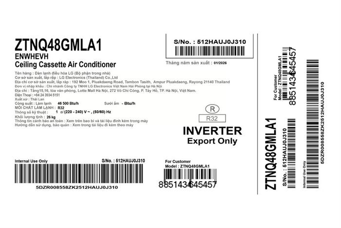 Máy lạnh âm trần LG Inverter 5 HP ZTNQ48GMLA1 (3 Pha) Màu Trắng