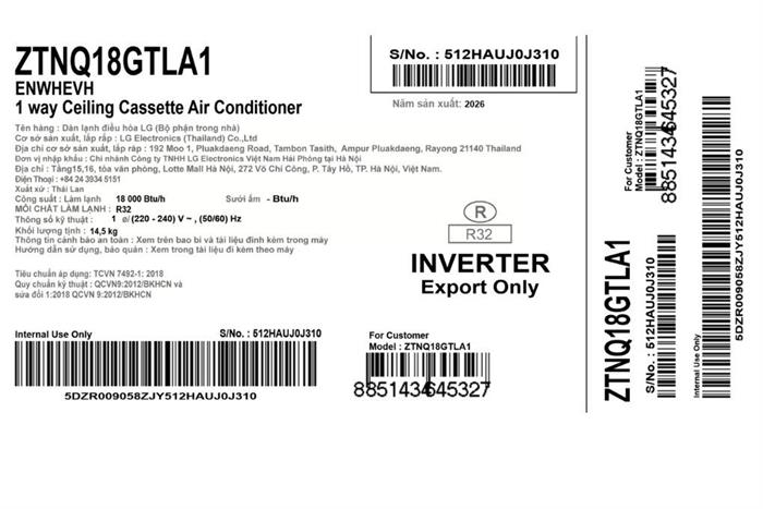 Điều hòa âm trần 1 hướng LG Inverter 18000 BTU ZTNQ18GTLA1 Màu Trắng