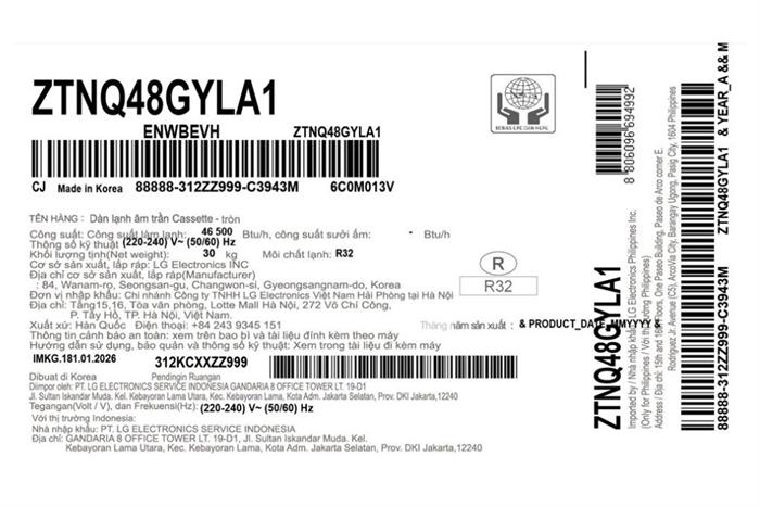 Máy lạnh âm trần LG Inverter 5 HP ZTNQ48GYLA1 Màu Trắng