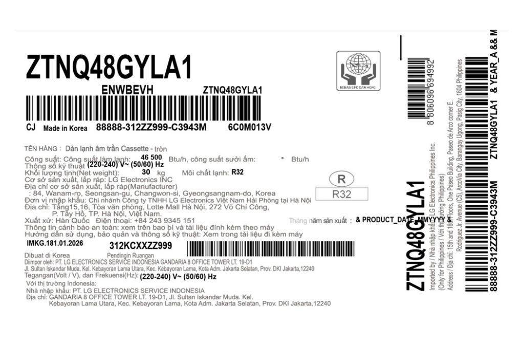 Máy lạnh âm trần LG Inverter 5 HP ZTNQ48GYLA1 (3 Pha) Màu Trắng