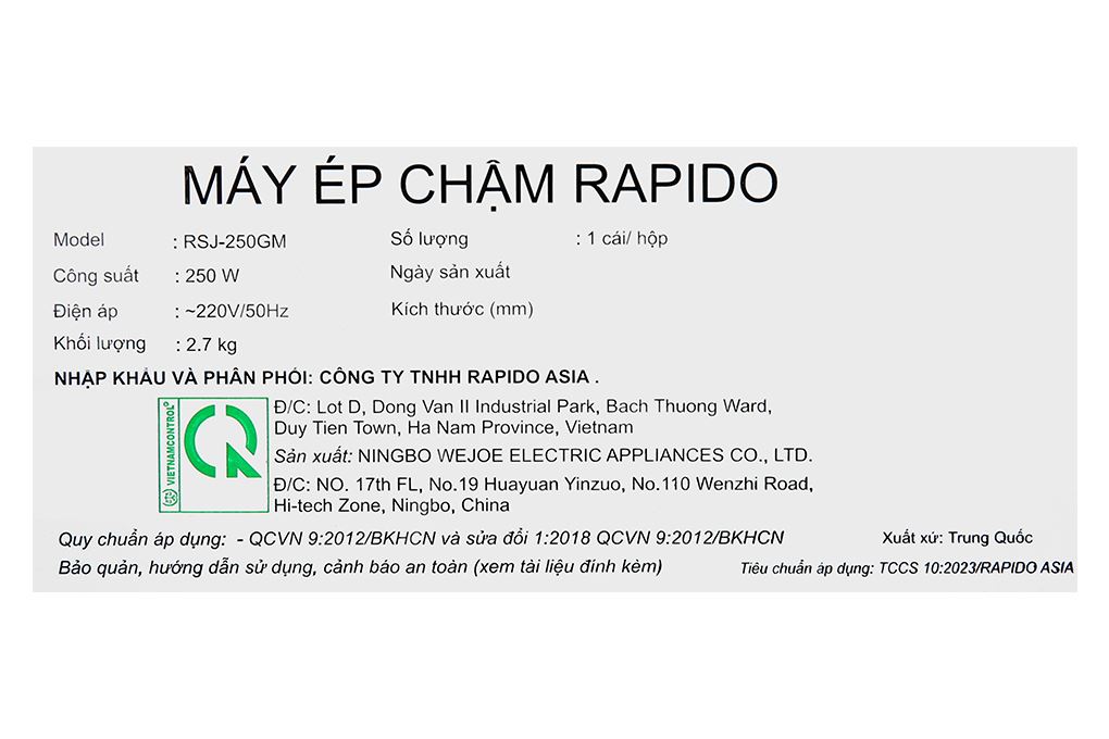 Máy ép chậm Rapido RSJ-250GM Màu Xám