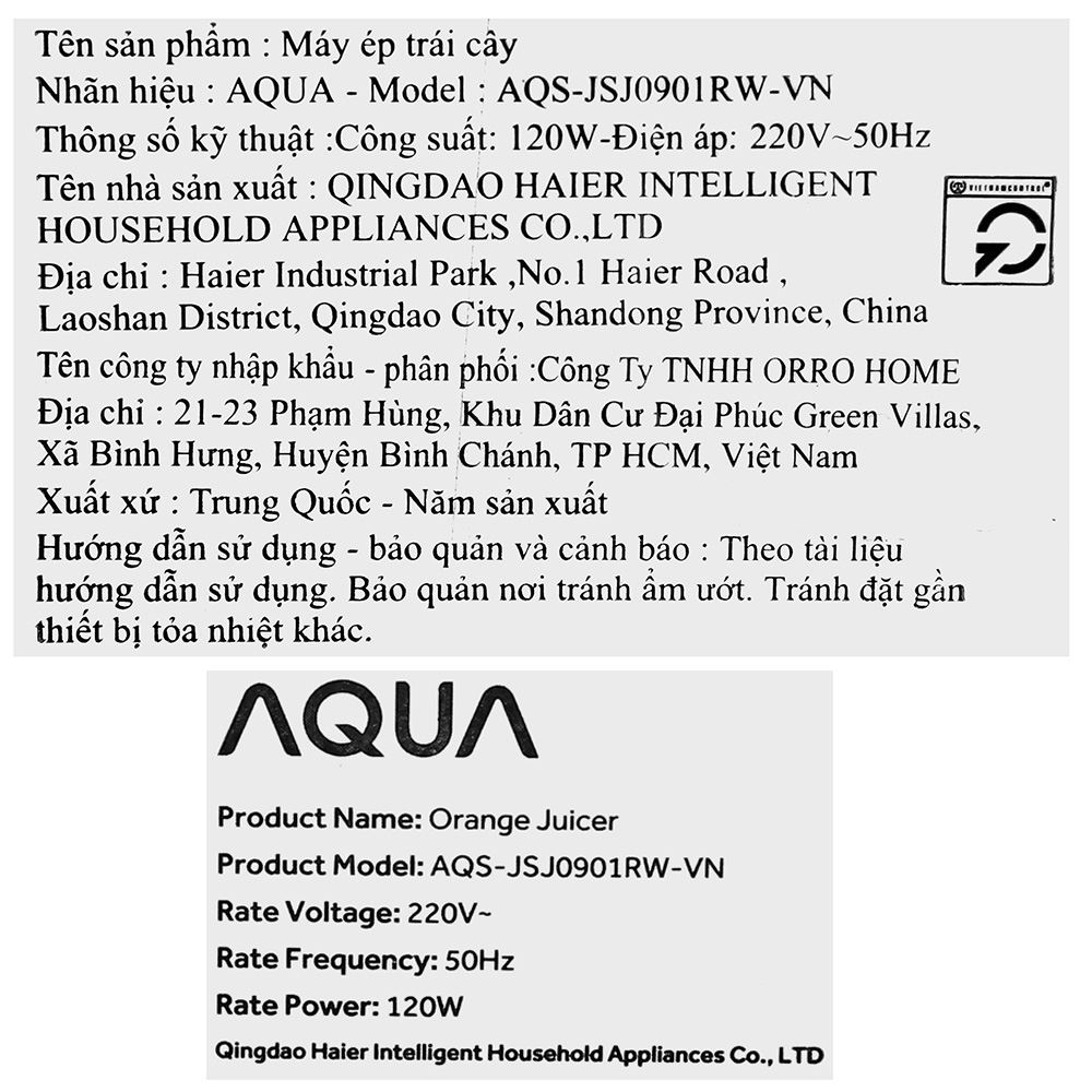 Máy ép chậm AQUA AQS-JSJ0901RW-VN Màu Trắng