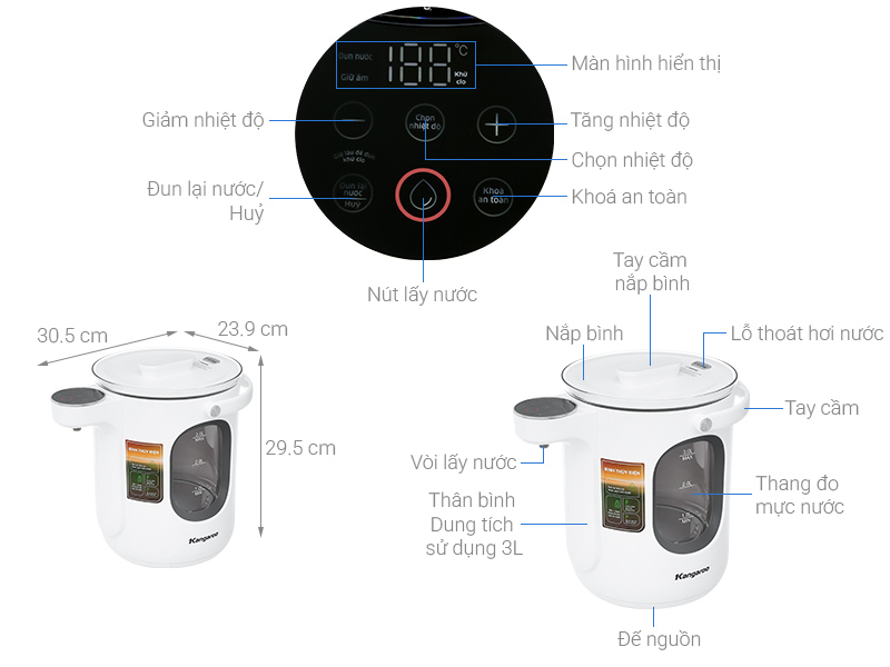 Bình thuỷ điện Kangaroo KGT3G 3 lít