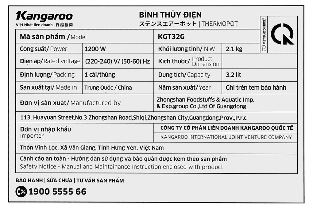 Bình thuỷ điện Kangaroo KGT32G 3.2 lít Màu Trắng
