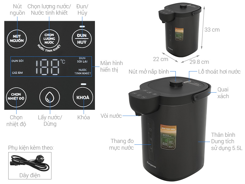 Bình thuỷ điện Kangaroo KGT55G 5.5 lít