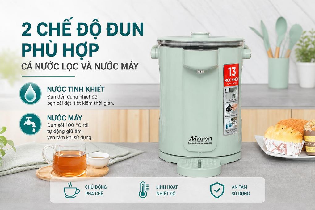 Bình thủy điện Sunhouse SHD1445 3 lít Màu Xanh ngọc