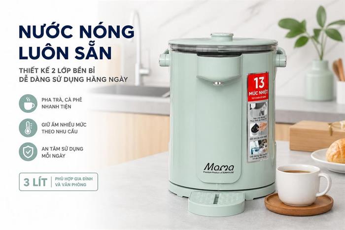 Bình thủy điện Sunhouse SHD1445 3 lít Màu Xanh ngọc