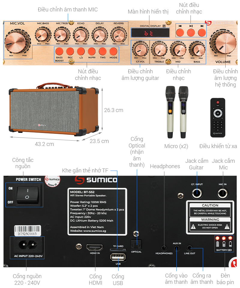 Loa karaoke xách tay Sumico BT-S52 100W