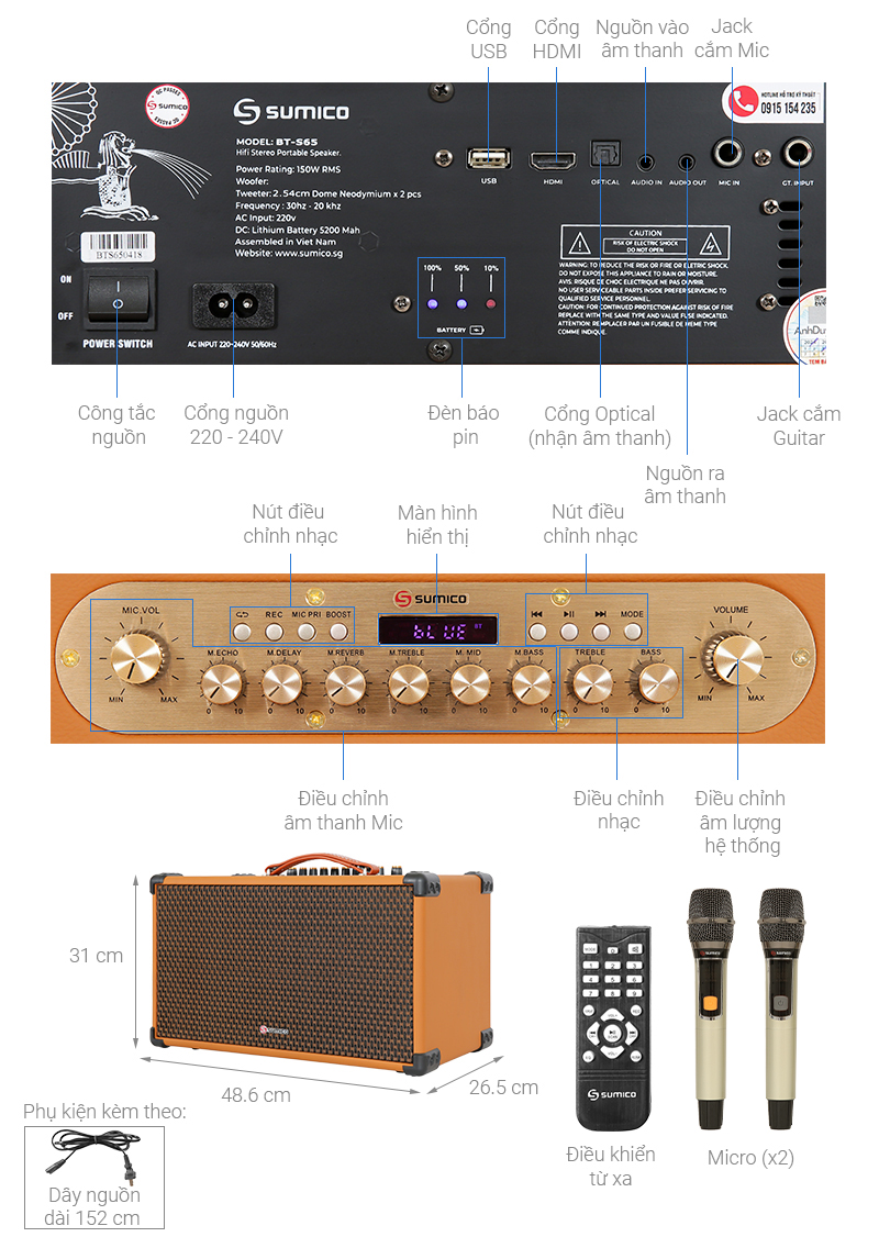 Loa karaoke xách tay Sumico BT-S65 150W