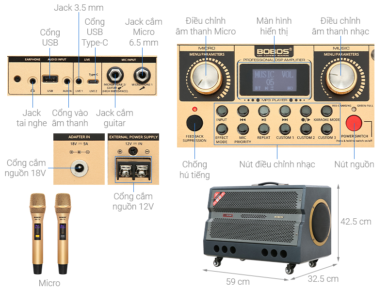 Loa karaoke xách tay BOBOS BM-348XT 1200W