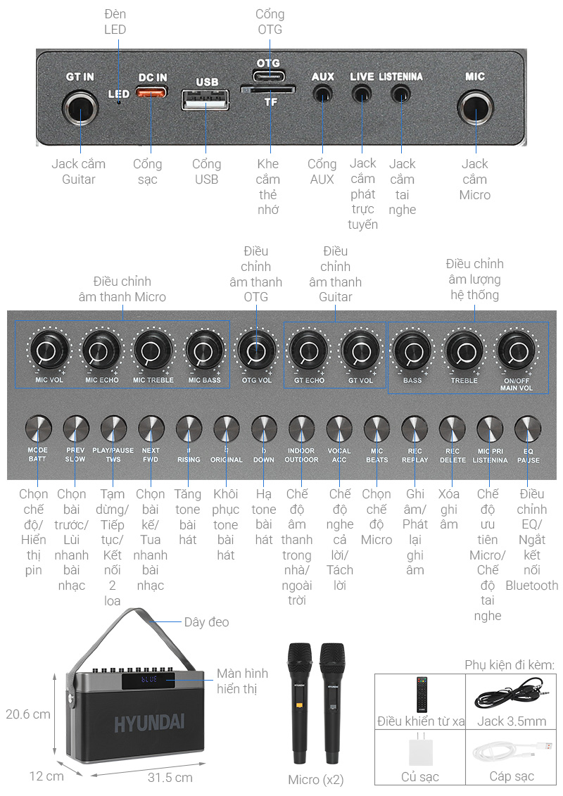 Loa Bluetooth karaoke Hyundai HD18 200W