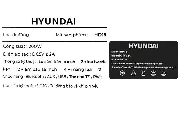 Loa Bluetooth karaoke Hyundai HD18 200W Màu Đen
