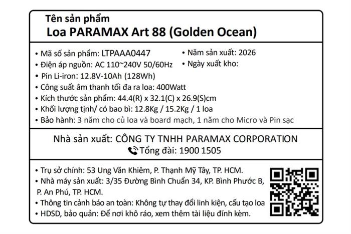 Loa karaoke xách tay PARAMAX Art 88 Golden Ocean 400W Màu Xanh Dương