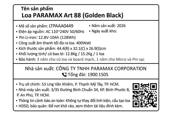 Loa karaoke xách tay PARAMAX Art 88 Golden Black 400W Màu Đen