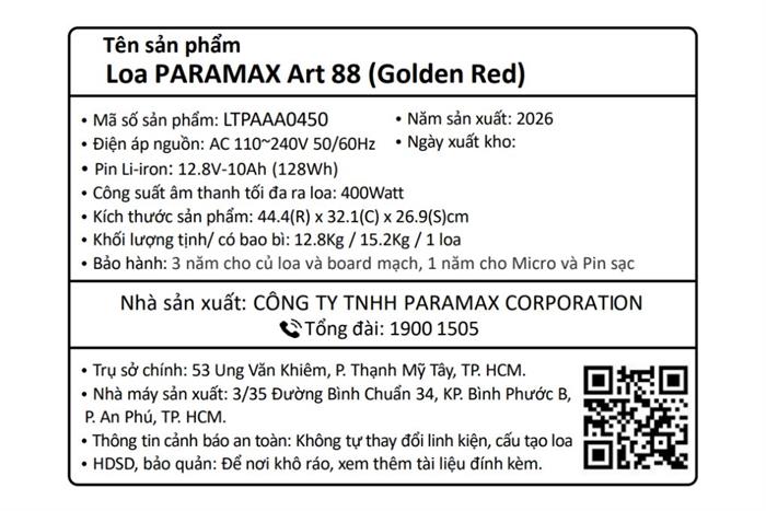 Loa karaoke xách tay PARAMAX Art 88 Golden Red 400W Màu Đỏ