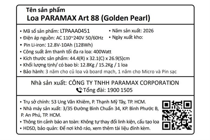 Loa karaoke xách tay PARAMAX Art 88 Golden Pearl 400W Màu Trắng