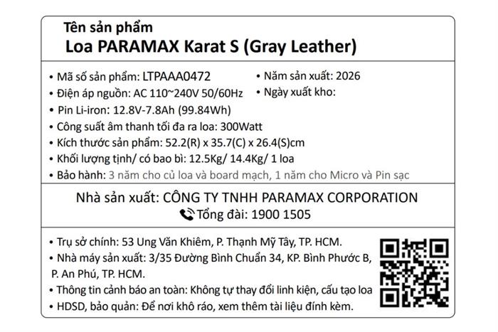 Loa karaoke xách tay PARAMAX Karat S 300W Màu Xám