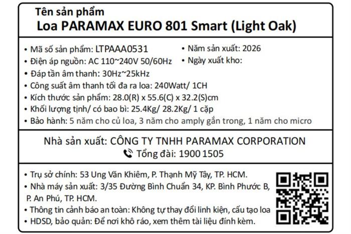 Cặp loa karaoke Paramax Euro 801 Smart Light Oak 240W Màu Nâu nhạt
