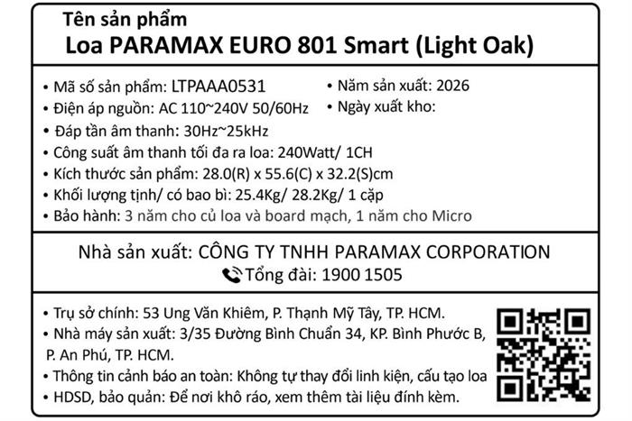 Cặp loa Paramax Euro 801 Smart Light Oak 480W Màu Nâu nhạt
