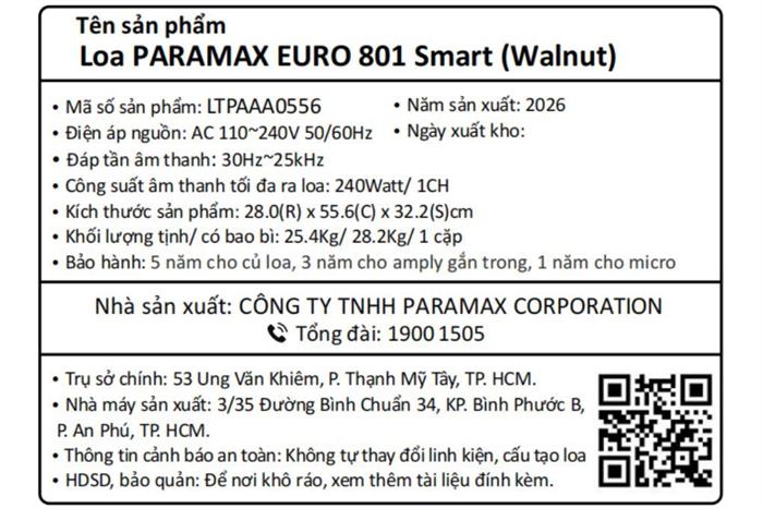 Cặp loa karaoke Paramax Euro 801 Smart Walnut 240W Màu Nâu đậm