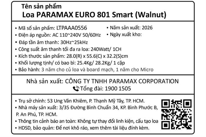 Cặp loa karaoke Paramax Euro 801 Smart Walnut 240W Màu Nâu đậm